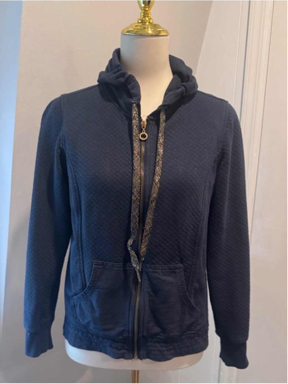 Oleg Cassini | Women's Navy Quilted Full-Zip Hoodie Gold Drawstrings | Size S